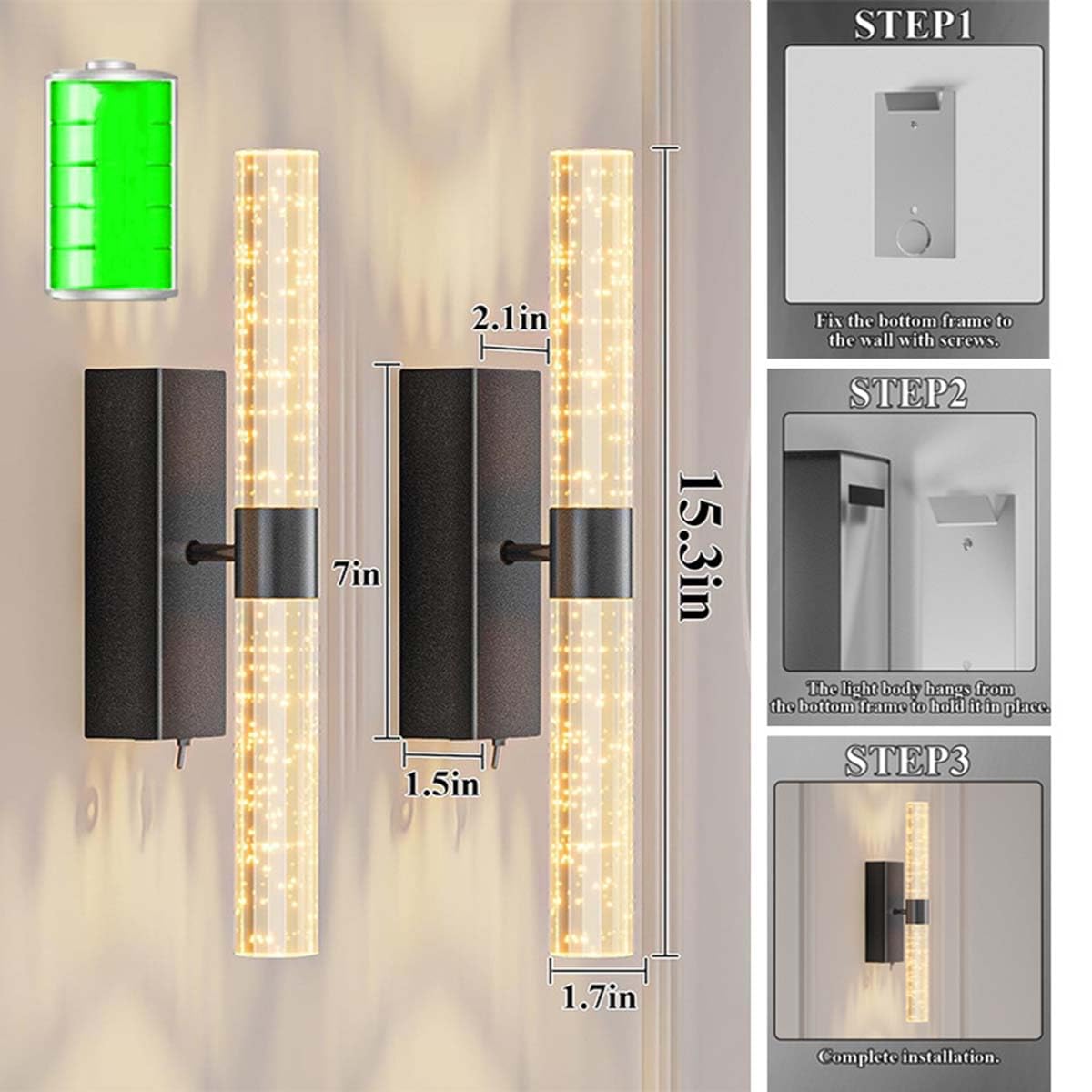 AoLa 2 Stück Akku Wandleuchte Innen Aufladbare Kabellose Wandlampe Touch Dimmbar mit Fernbedienung Wandleuchten Ohne Stromanschluss Wiederaufladbare Lange Wandbeleuchtung für Wohnzimmer Schlafzimmer