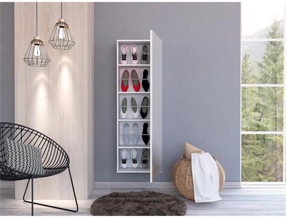 Pemberly Row Wall Mounted Shoe Rack, 54 in Tall, Engineered Wood, White Finish, Mirrored Door, 10 Pair Storage Capacity, Modern Space-Saving Design for Entryway or Bedroom