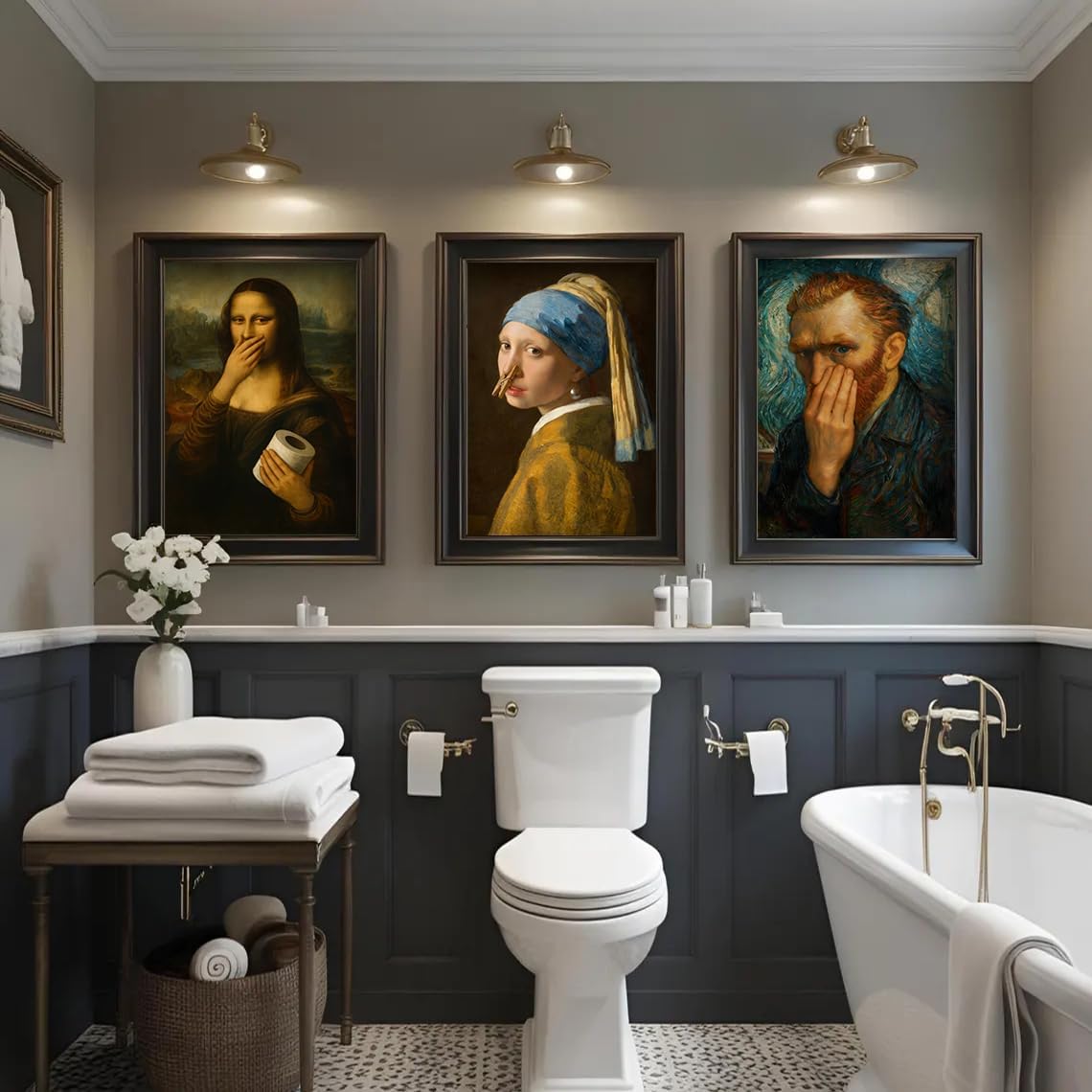 3PCS Vintage Funny Bathroom Wall Art Humorous Bathroom Canvas Wall Decor Humor Mona Lisa Humor Pinching Nose Painting Picture Amusing Toilet Pinching Nose Art Poster for Restroom Decor 8x10in Unframed - Image 2