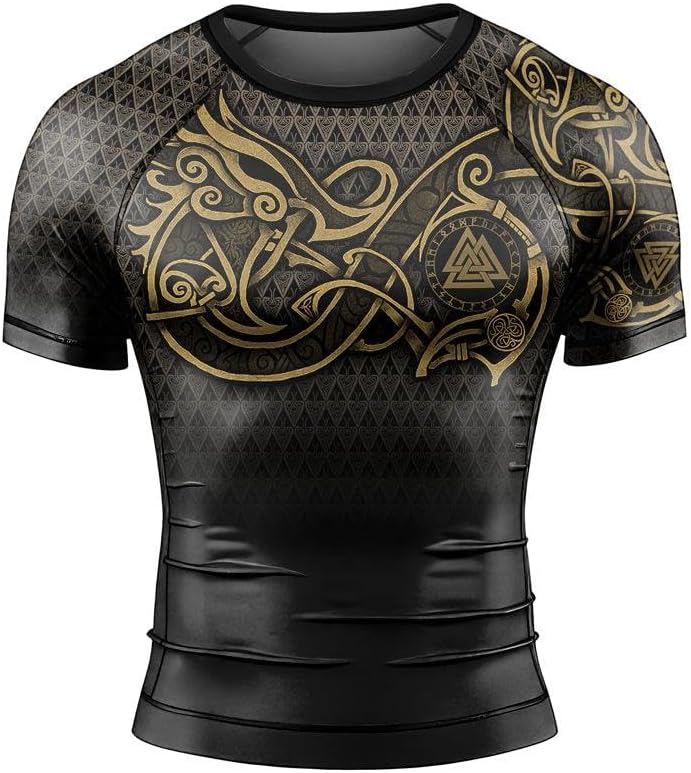Viking Norse Rune Men's Rash Guard Shirts Short Sleeve, Baselayer Compression Shirt for Jiu Jitsu MMA