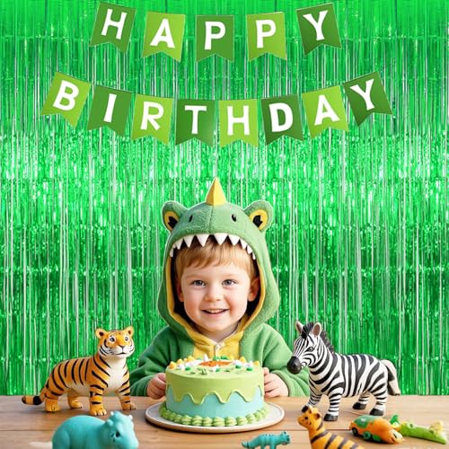 Image of 2 Pack Green Streamers St. Patrick's Day Decorations, Green Tinsel Foil Fringe Backdrop Curtain for Birthday Party, Party Door Streamers for Graduation, Dinosaur, Football Party Decorations