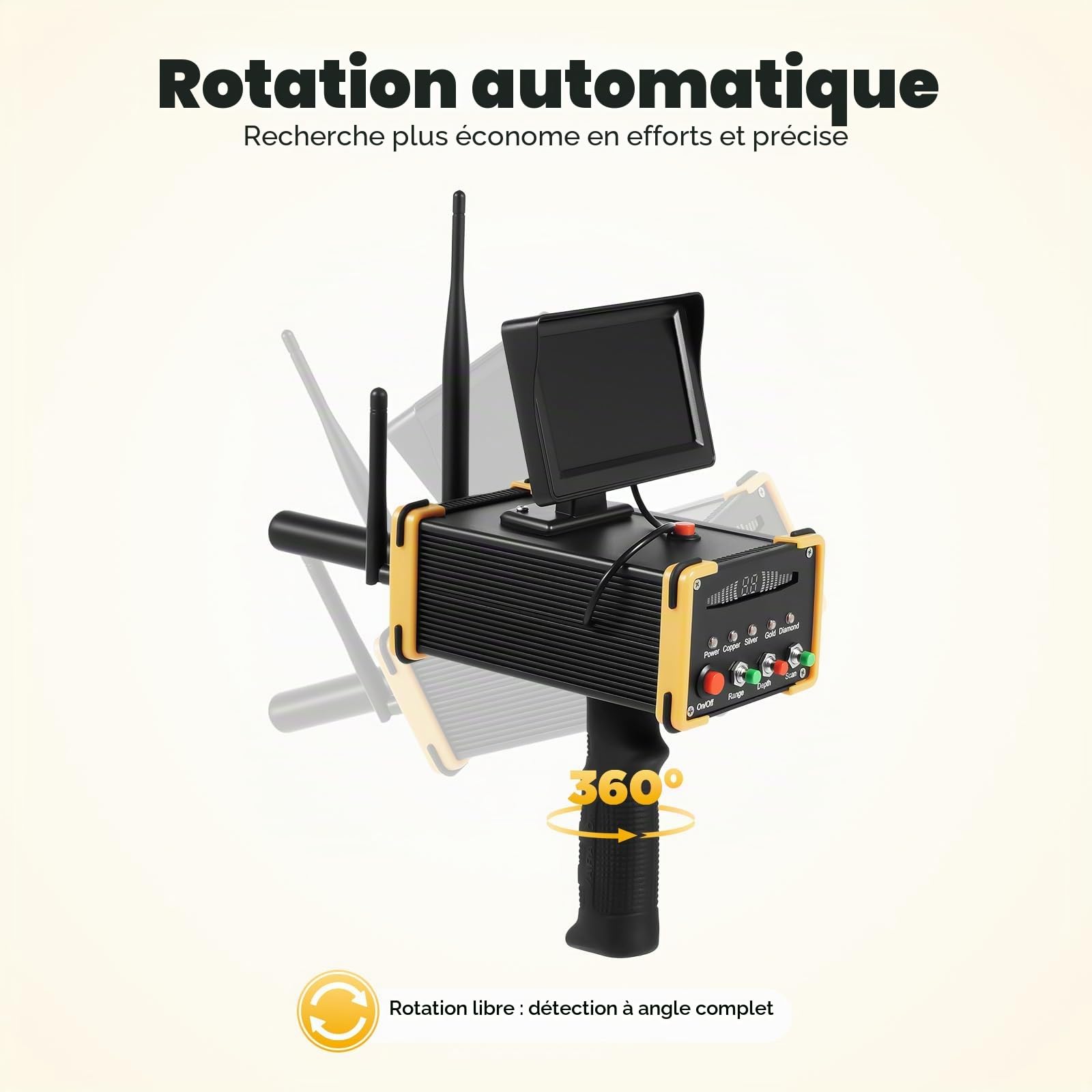Détecteur de métaux avec écran LCD, portée de 990 m et profondeur de 16 m, détecteur haute précision rechargeable pour l'archéologie/recherche de trésors/sécurité