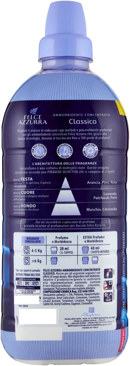 6 X Felce Azzurra Ammorbidente Classico – Ammorbidente concentrato – 92 lavaggi – 1840 ml + Beni Culinari Portachiavi gratuito