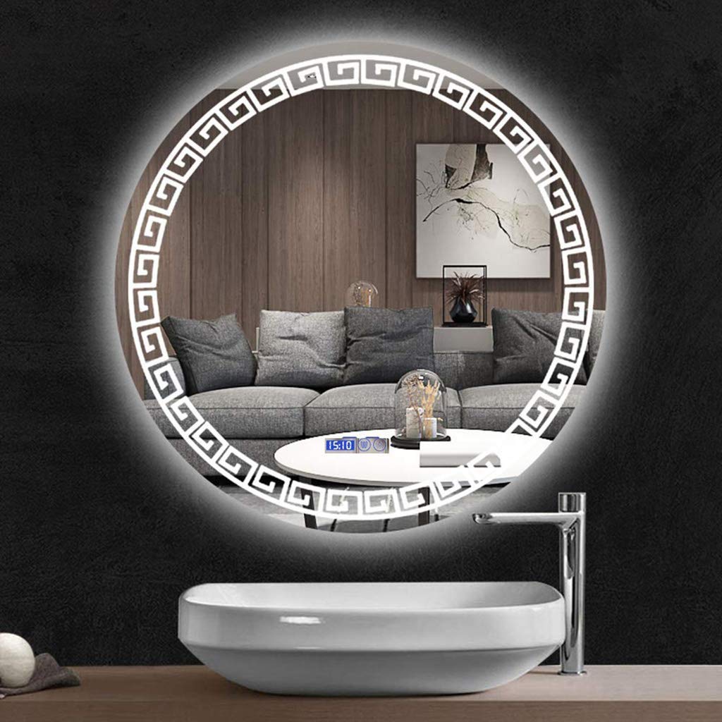 Round Bathroom Mirror LED Illuminated Vanity Mirror Two-Touch Switch Anti-Fog Mirror with Time and Temperature Display