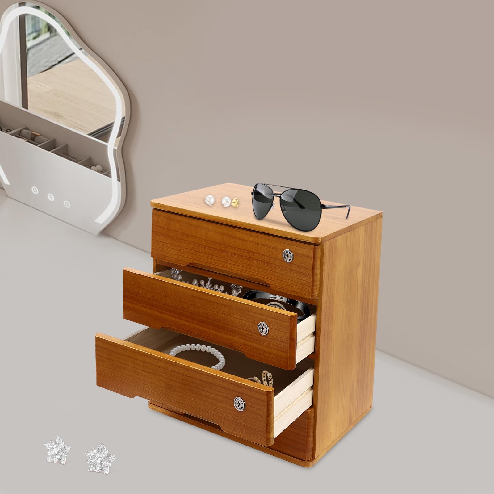 Armadietto portaoggetti in legno a 4 ripiani con serratura, cassettiera in legno Tung, organizzatore da scrivania compatto, armadietto da ufficio preassemblato