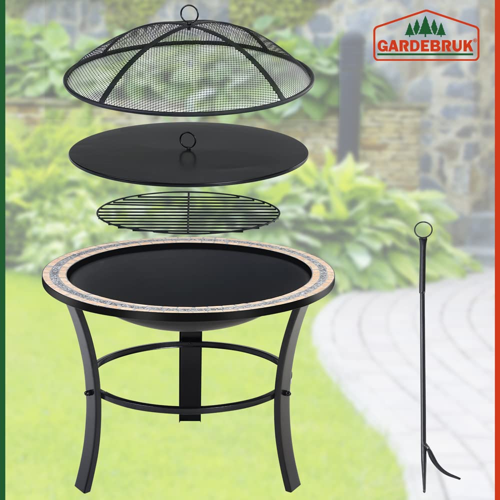 GARDEBRUK® Brasero Jardin Fuego Ø76cm Rejilla Antichispas Atizador Tapa Metal Redondo Chimenea Exterior