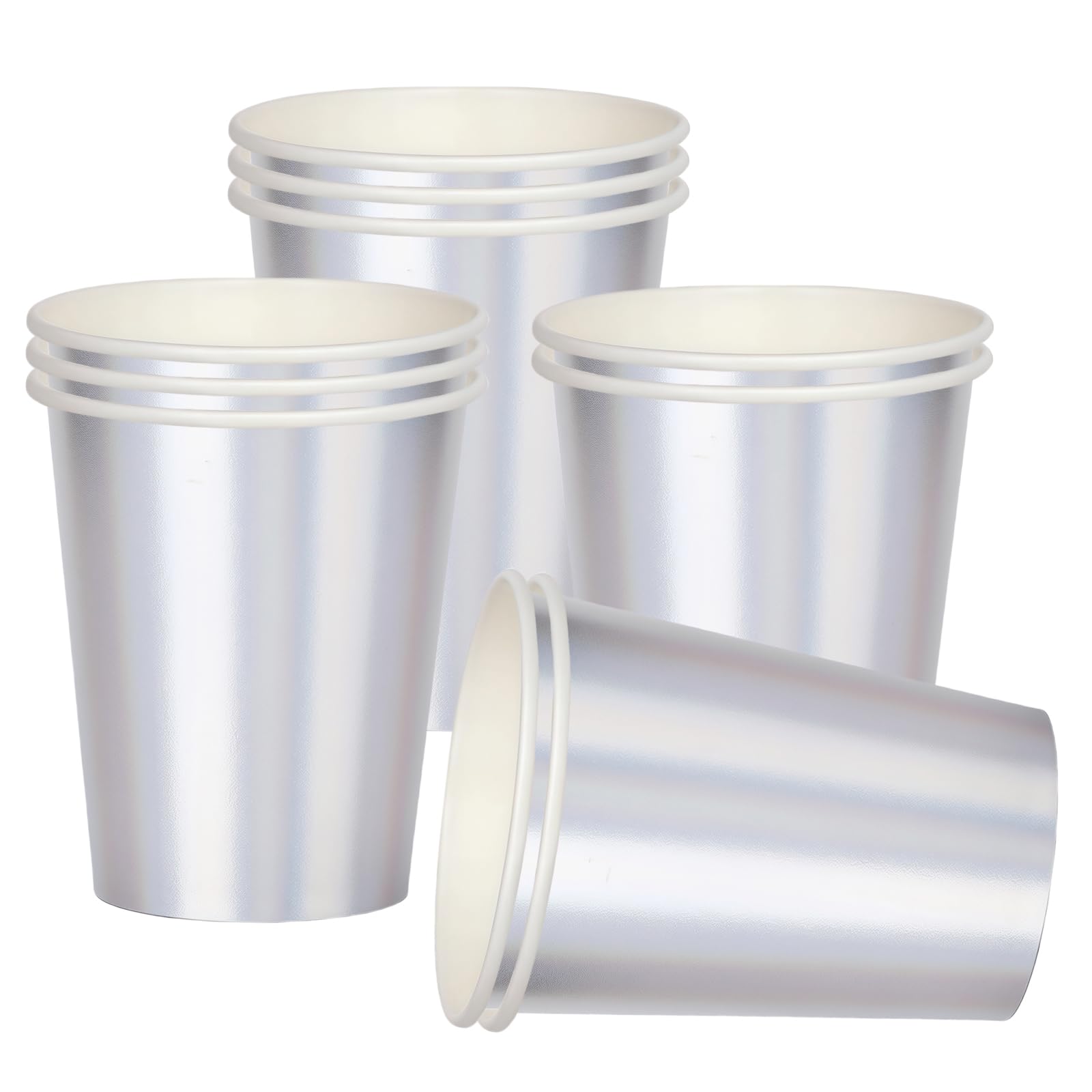 RONGZUBAT 10pcs Sliver Disposable Party Paper Cups,Holographic Sliver Cup Disposable Party Drinking Coloured Paper Cups for DIY Holiday,Picnic,Weddings,Birthday Party Cup Table Decorations