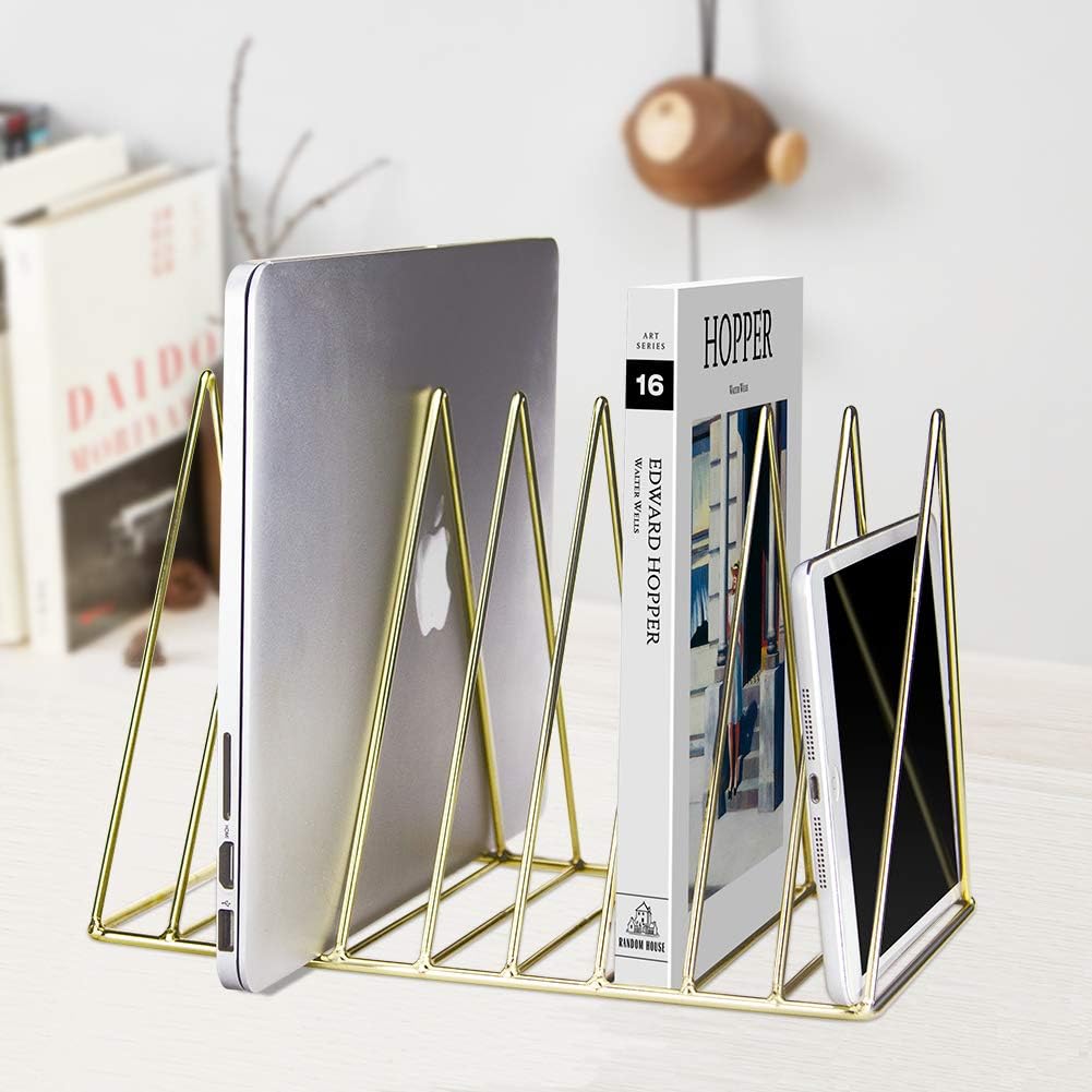 9 Slots Triangle Magazine Newspaper Holder Desktop File Rack Folder Organizer Desk Decoration, Pack of 2 (1 x Gold and 1 x Rose Gold)