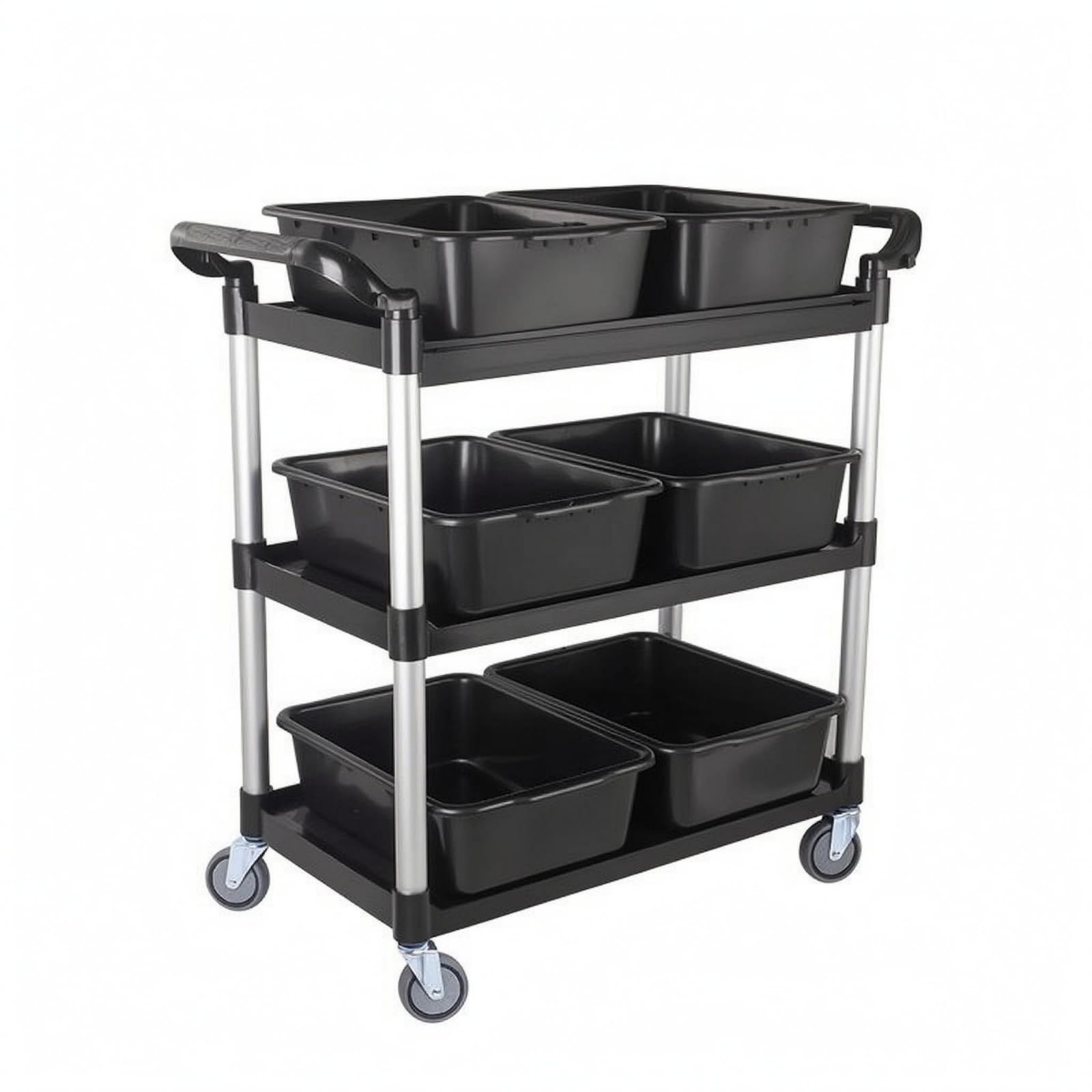 Qianly Carro Camarero Triple Niveles Bandejas Poco Profundas Carro Servicio con Ruedas Gran Capacidad Mueble Rodante para, Negro, Grande, Tres Cubetas, Dos Cubos, Ruedas Silenciosas