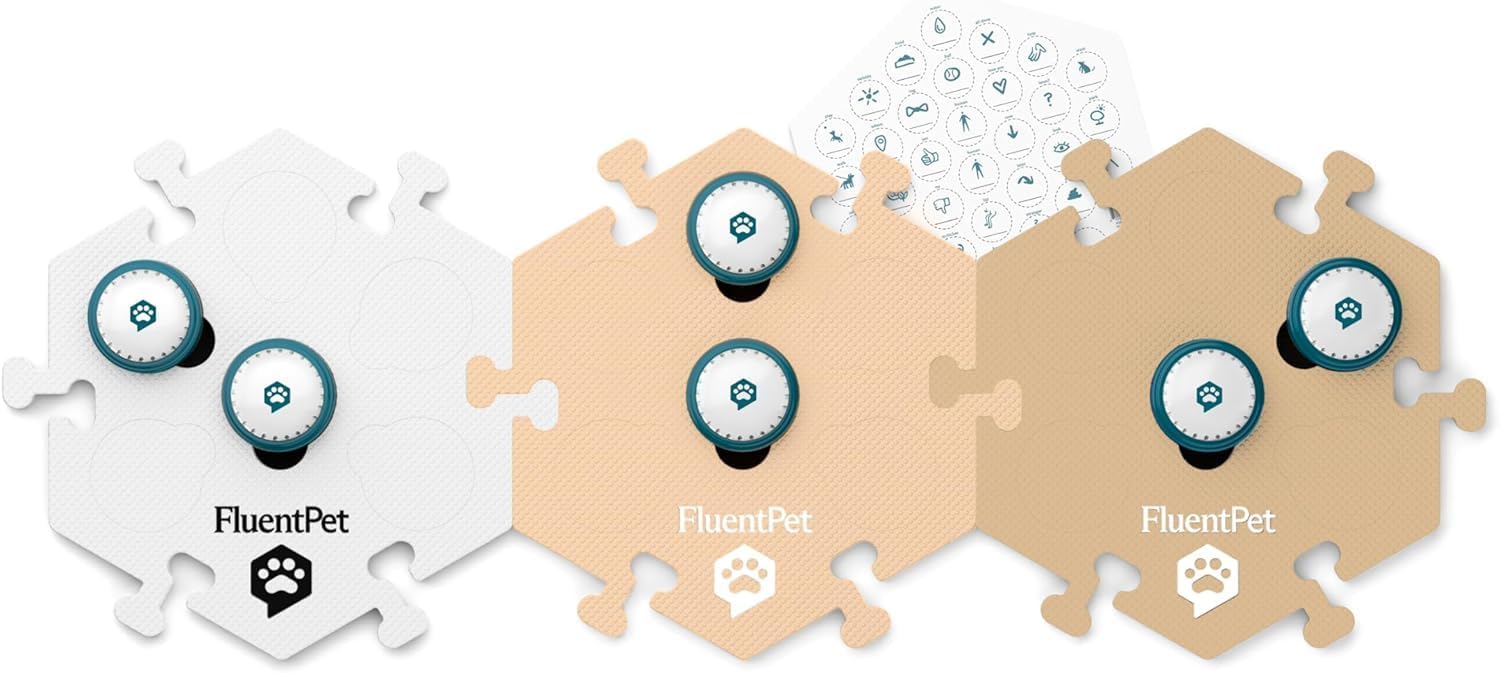FluentPet Kit de vocabine Basique – Lot de 12 Boutons parlants avec Piles incluses pour Chiens et Chats et 6 hexagonaux – Boutons de Dressage Personnalisables pour Chat et Chien pour la Communication