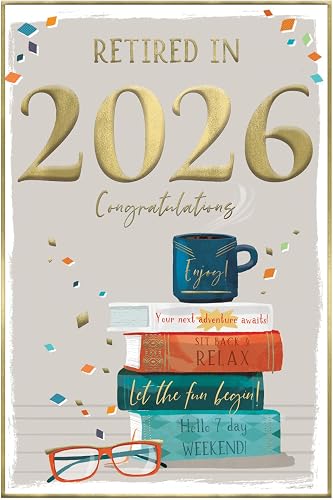 IC&G Congratulations On Your Retirement Card for Men - Retired in 2026 - Books, Glasses & Cup of Tea Design - Premium Embossed Foil Finish - Happy Retirement Greeting Card with Envelope