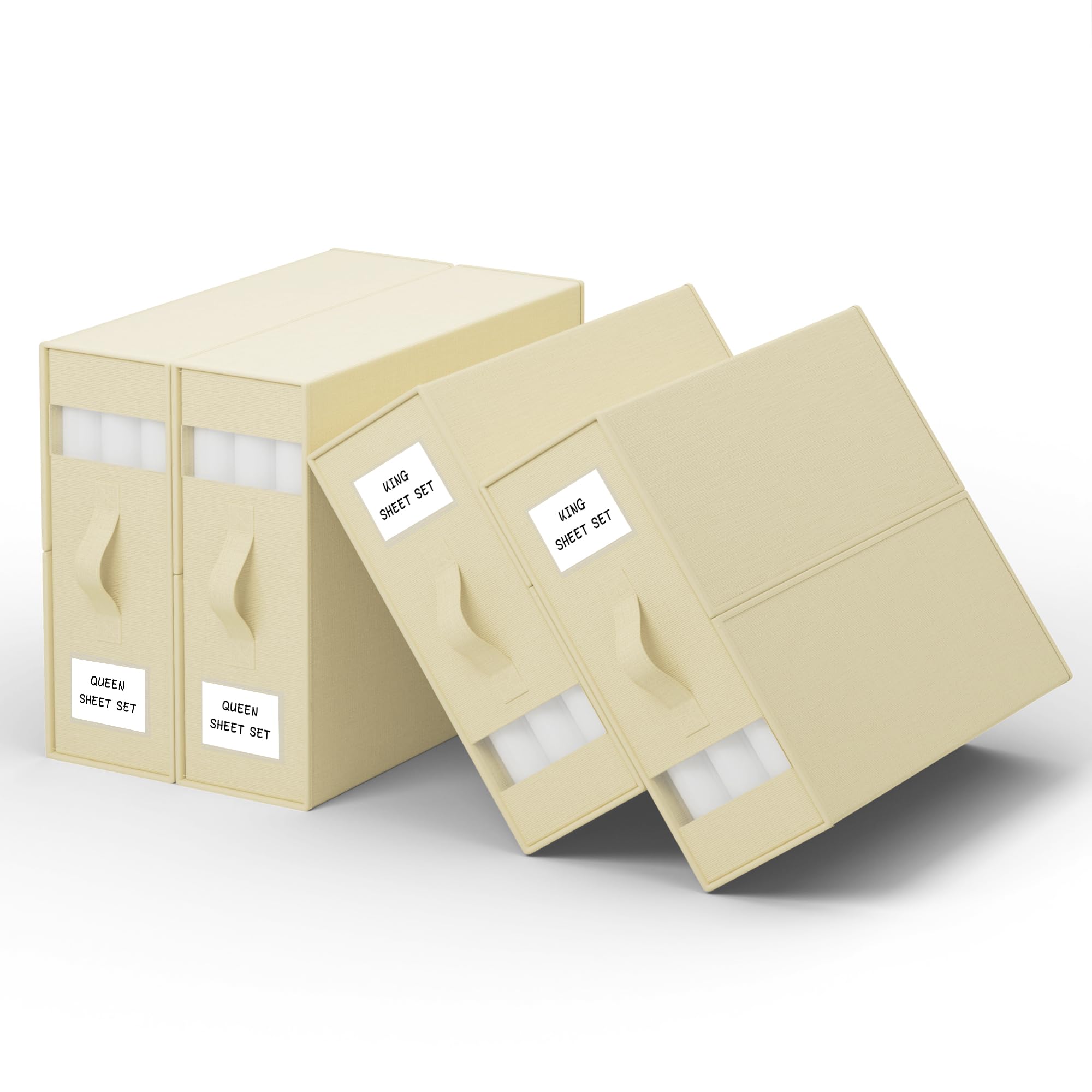 PARANTA Bed Sheet Organizers and Storage 4 Pack,Foldable Linen Closet Organizer,Twin Full Bed Sheet Organizers with Label Handle Window,Sheets Set Keeper for Blanket Duvet Cover Queen or King Beige