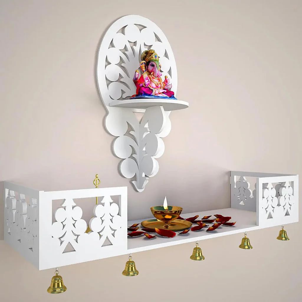 Beautiful Wall Hanging Wooden Temple/Pooja Mandir Design with Shelf, White Color Design - 1