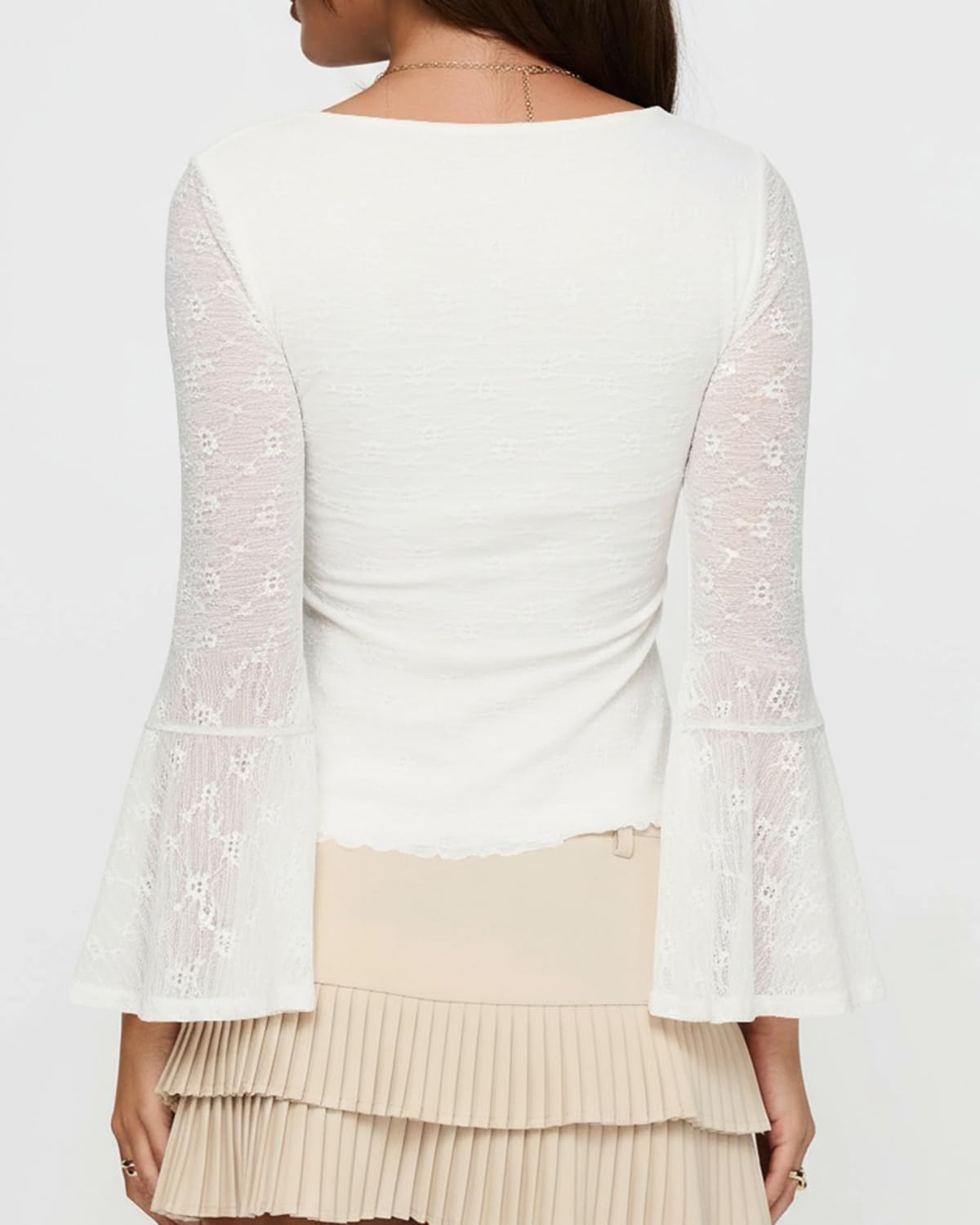 BAIGRAM Women Long Bell Sleeve Babydoll Crop Tops Y2K Boho Fall Outfits Floral Lace Square Neck Ruffle Peplum T-Shirts Blouse - Image 4