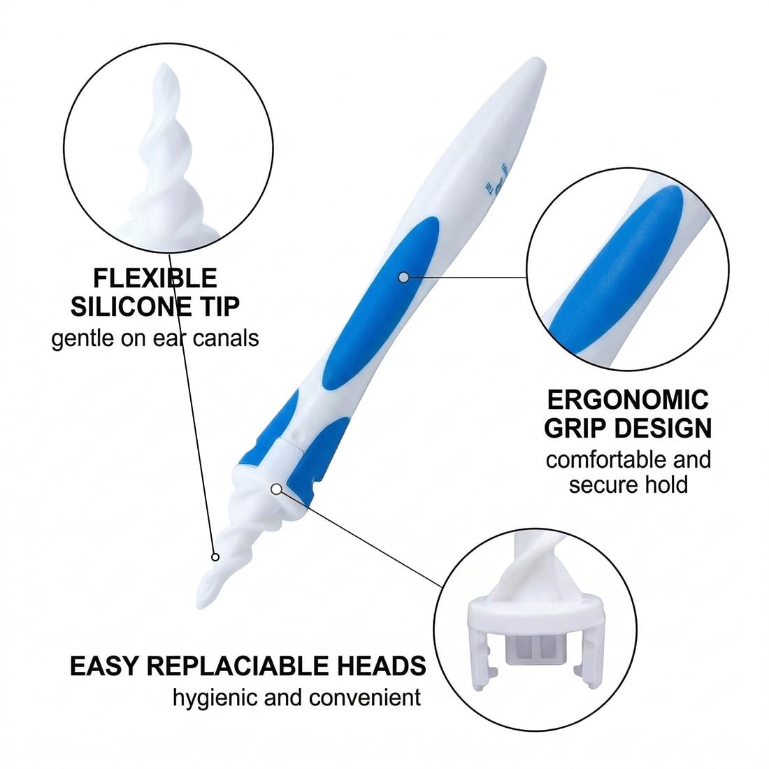 Nettoyeur Oreille, Eliminateur de cire d'oreille, sûr et doux kit de nettoyage d'oreille en silicone à spirale à 360 degrés avec 20 têtes de remplacement lavables, adapté aux enfants et aux personnes