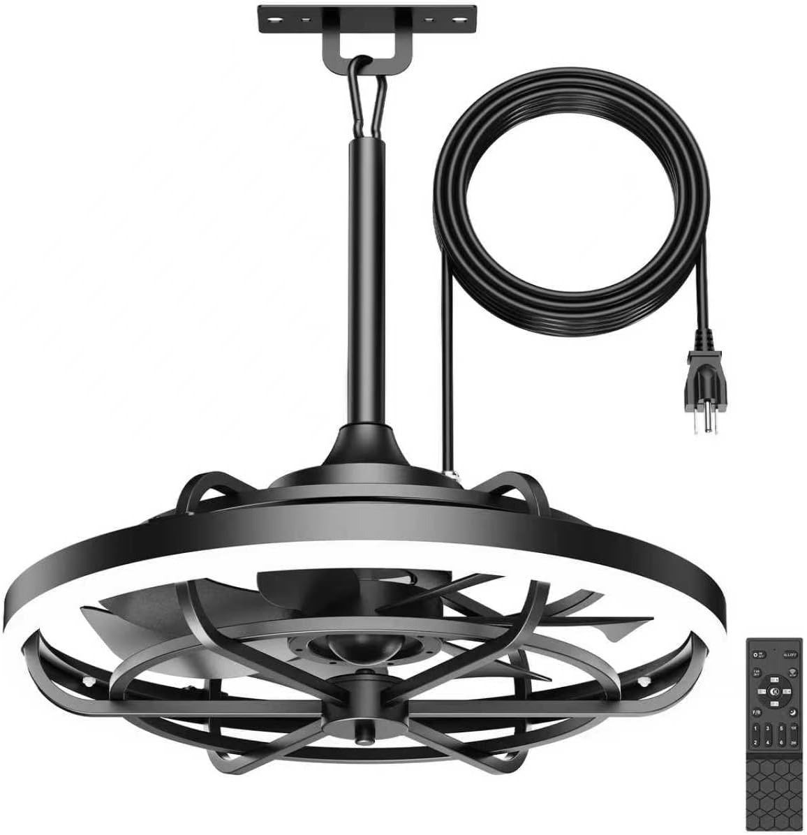 Outdoor Ceiling Fans with Lights for Patios Waterproof, 20" Gazebo Fan Outdoor Hanging & Hook-3CCT Dimmable LED,Black Plug in Caged Ceiling Fan with Light & Remote for Outside Porch, Pergola