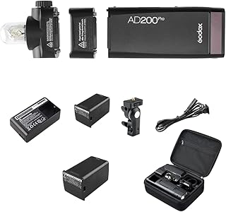 Godox AD200 Pro 200Ws Portable Flash | 200Ws Studio Flash TTL HSS Compact Strobe Light | Battery Powered Bowens Fit 0.01-1.8s Recycling Time | Location Outdoor Portrait Photography | Two Batteries