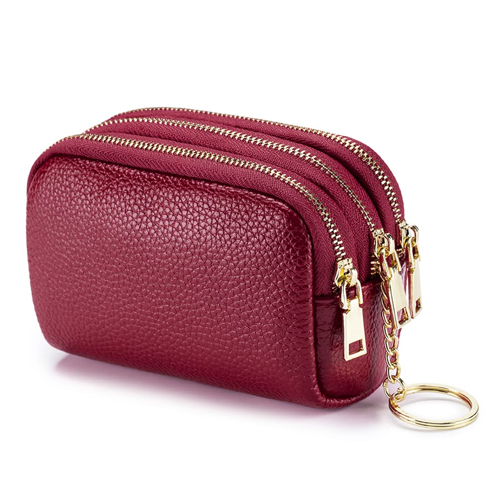 3 Zippered Genuine Leather Coin Purse Triple Capacity Change Pouch Little Travel Wallet With Key Ring for Women
