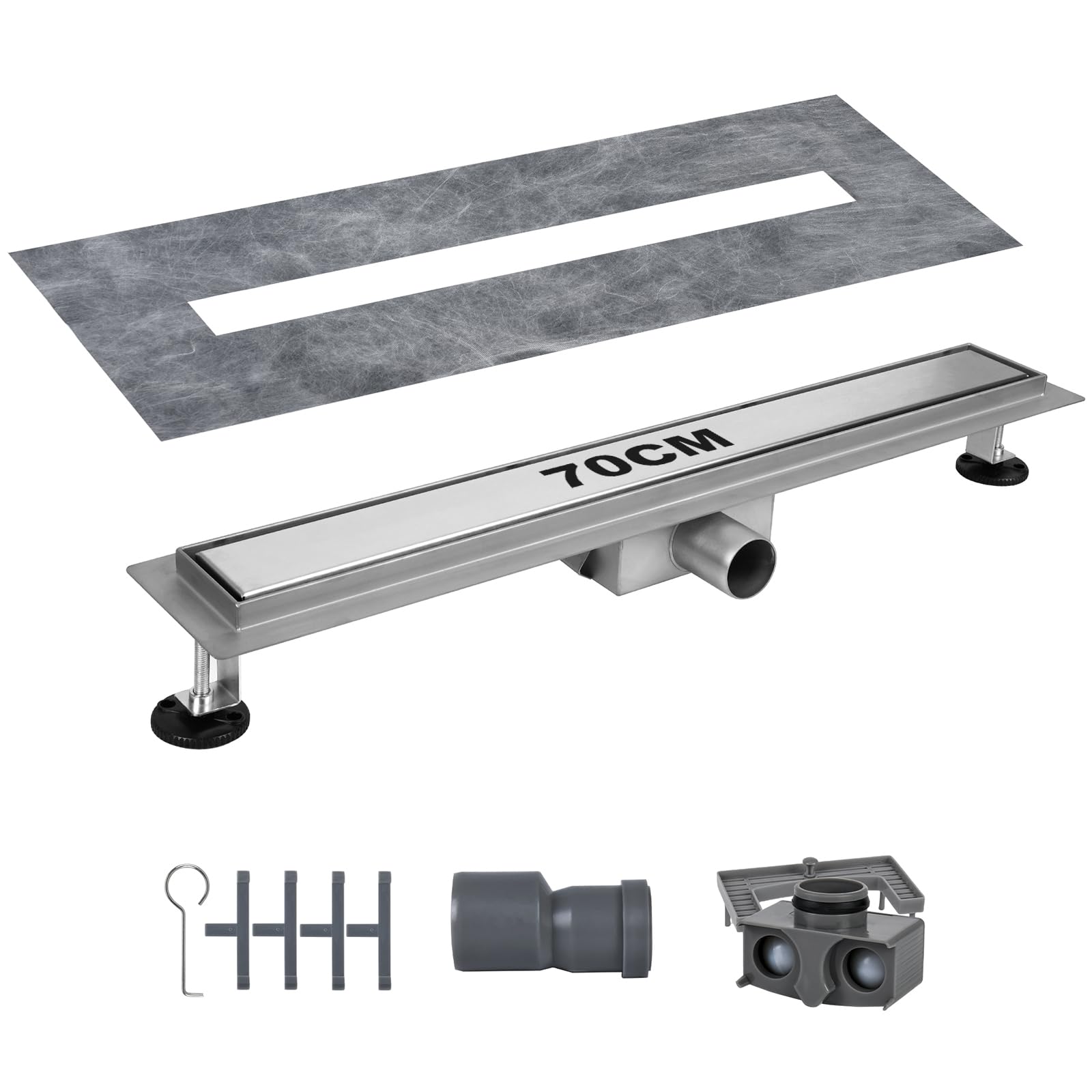 Duschrinne 70 cm, Edelstahl Ablaufrinne mit Siphon Geruchsstop und Haarfilter, Befliesbar Bodenablauf