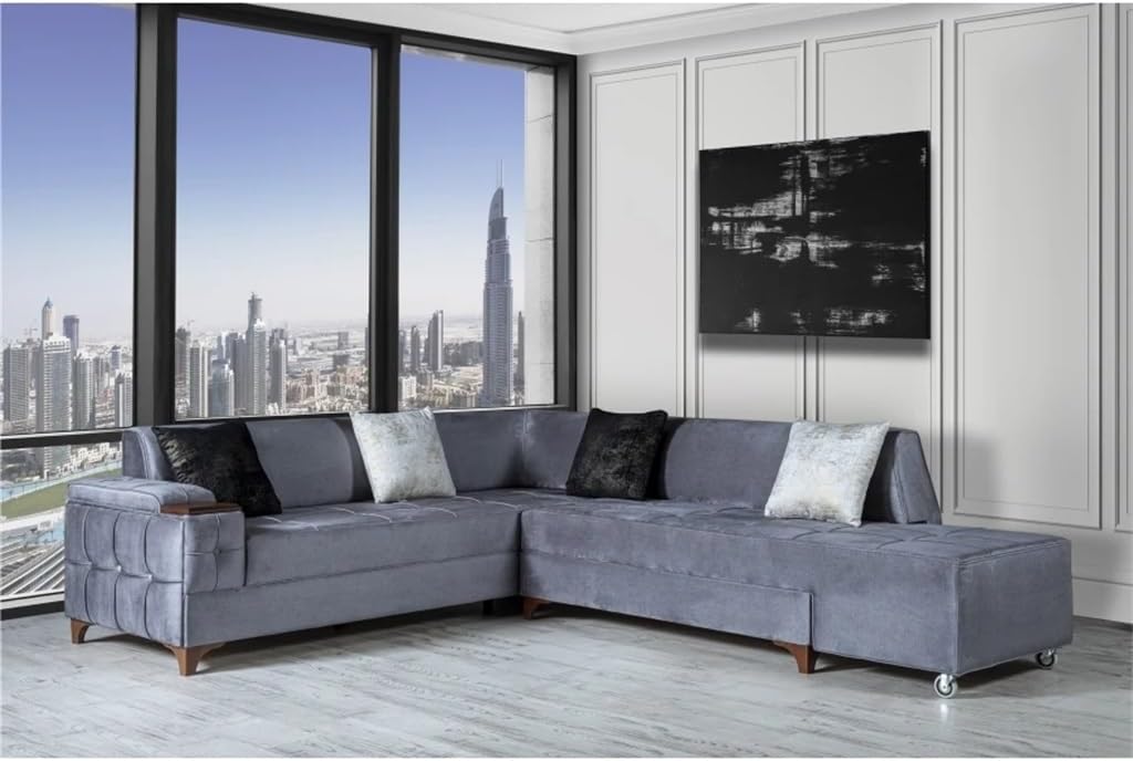 Sectional Sofa Chaise Grey Fabric Wooden Cushion Couch Tufted Seat Pillows Waterproof