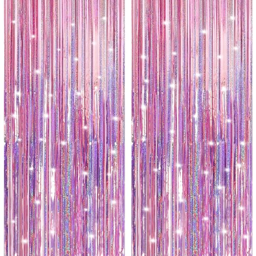 Paquete de 2 cortinas con flecos de papel de aluminio rosa láser, decoración de fiesta, 3.2 x 8 pies, cortina de oropel para fiestas, flecos de puerta, serpentinas de cumpleaños, telón de fondo Barbie