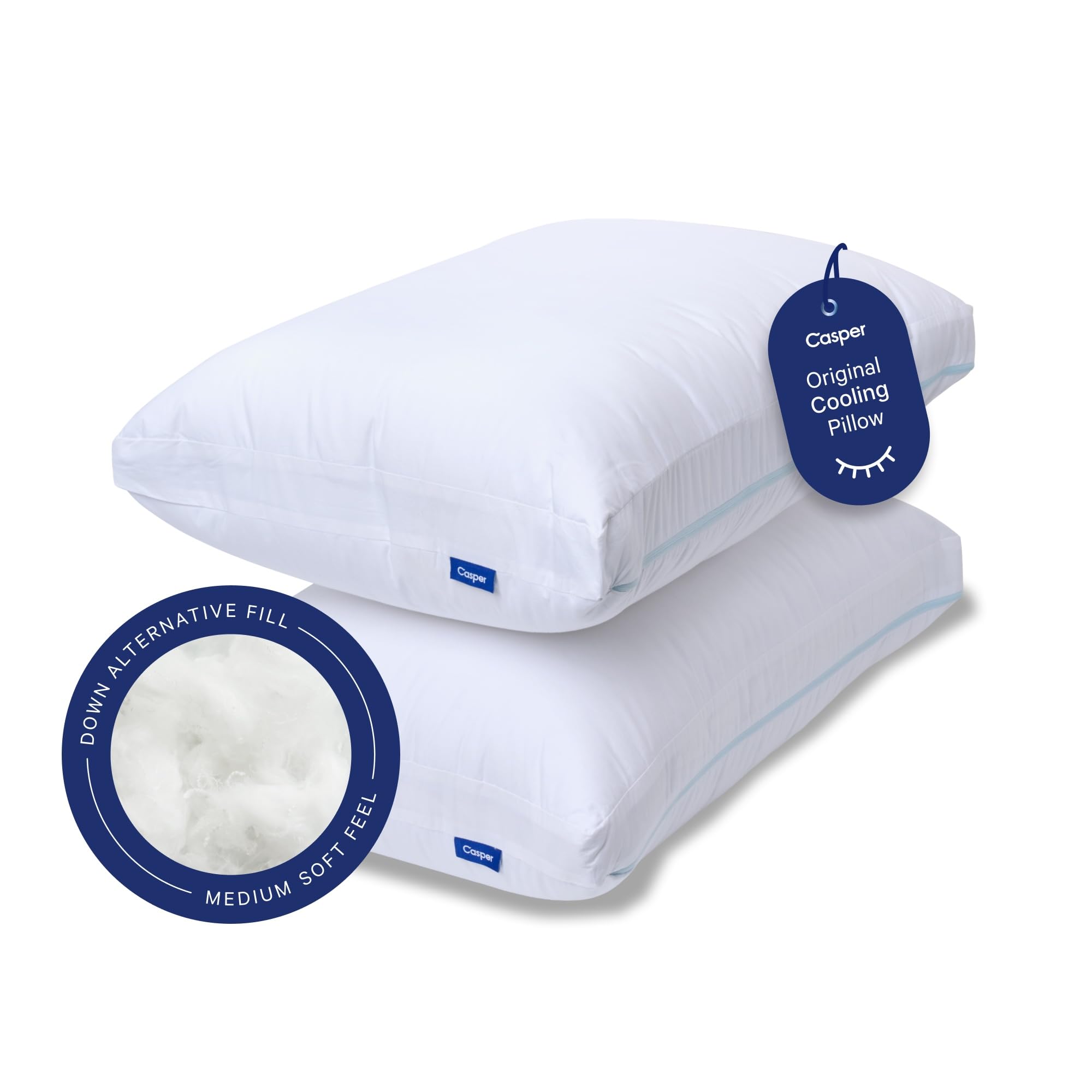 Casper Sleep Original Cooling Pillow 2-Pack, Standard Size – Medium Soft Feel, Down-Alternative Fill, Supports Side, Back &amp; Stomach Sleepers, Neck Pain Relief, Machine Washable
