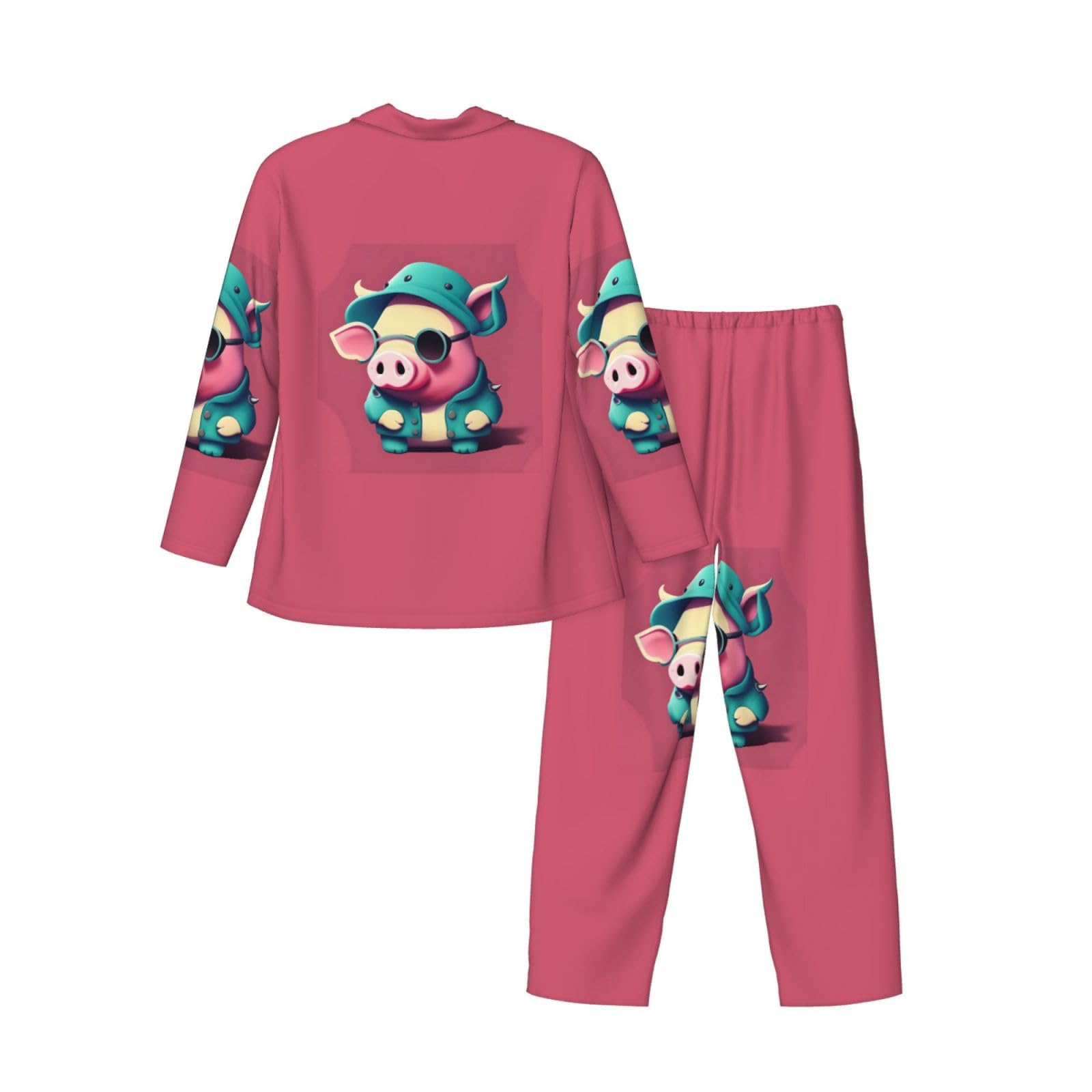 Lindo conjunto de pijama de manga larga para hombre, con estampado de cerdo, traje de dos piezas, transpirable, acogedor, ropa de descanso para el fin de semana