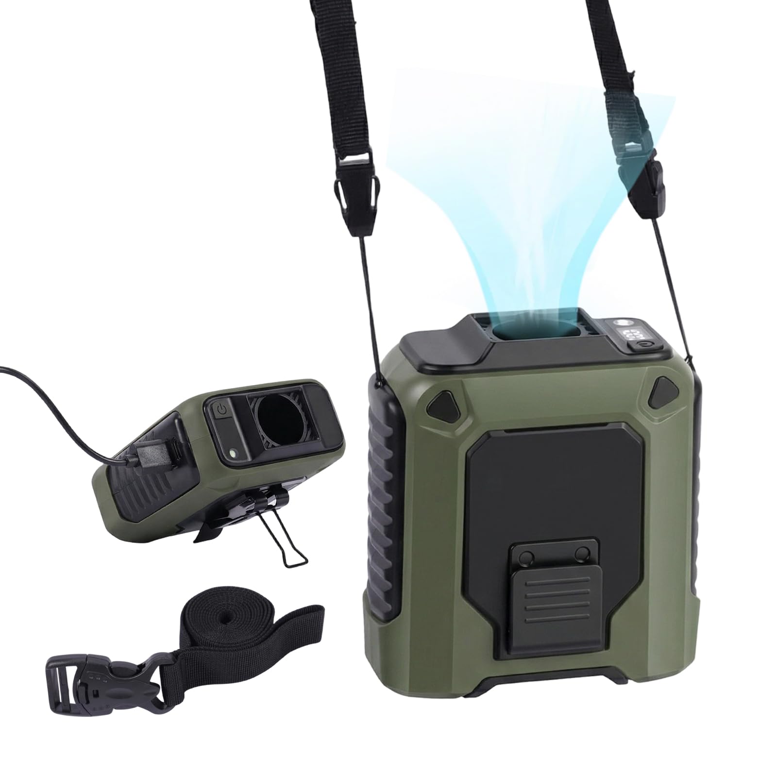 Ventilatore Portatile da Cintura 10000mAh, 35H Ventilatore Indossabile Senza Mani con 5 Velocità e Luce LED, Ventola Ricaricabile USB, per Lavoro all'Aperto, Campeggio e Viaggi