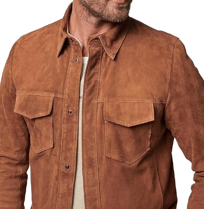 Men’s Trucker Casual Western Fashion Cowboy Turn-Down Collar Shirt Style Suede Leather Jacket2