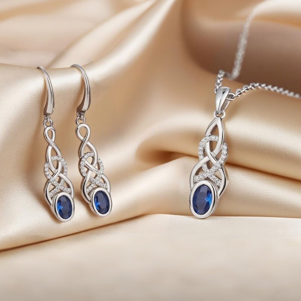 Womens Infinity Necklace and Earrings, Sterling Silver Infinity Celtic Jewelry Set with Created Emerald Good Luck Irish Celtic Knot Jewellery