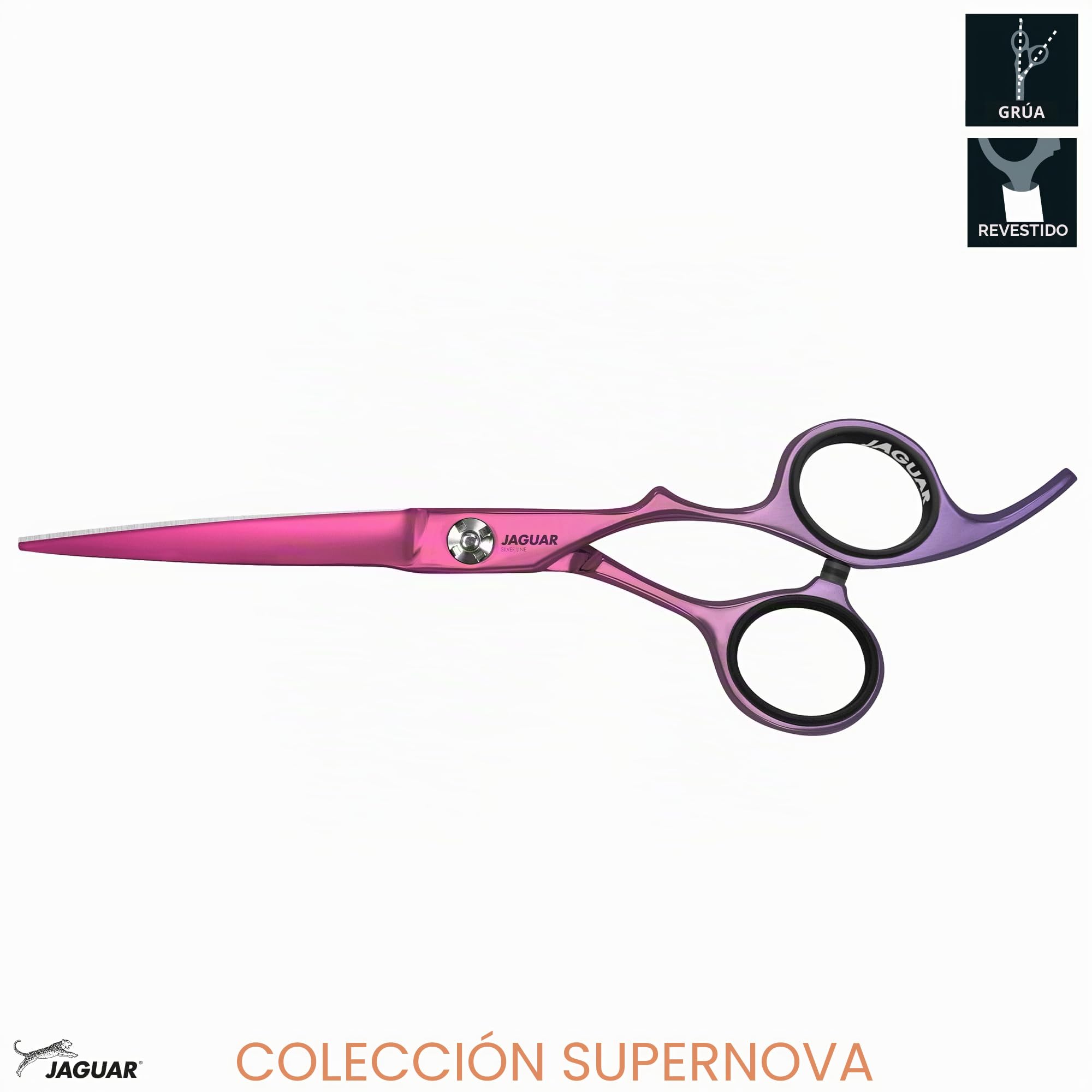 JAGUAR JaguART NYA - Tijeras de peluquería con diseño de grúa, con gancho forjado y ojo de pulgar en ángulo, revestimiento metálico hipoalergénico y resistente