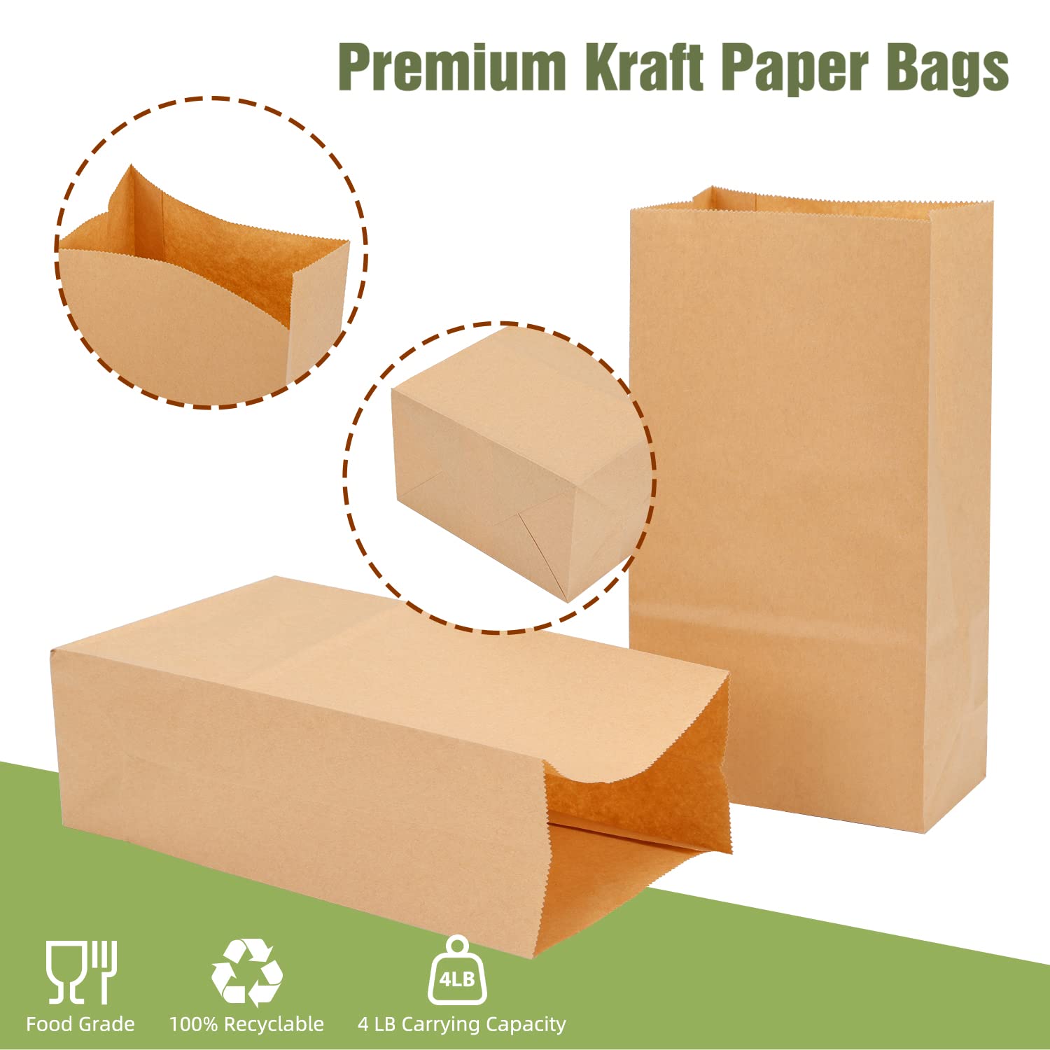 Moretoes 500pcs 4lb Brown Paper Lunch Bags Small Kraft Paper Bags Bulk 5" x 3" x 9.4"