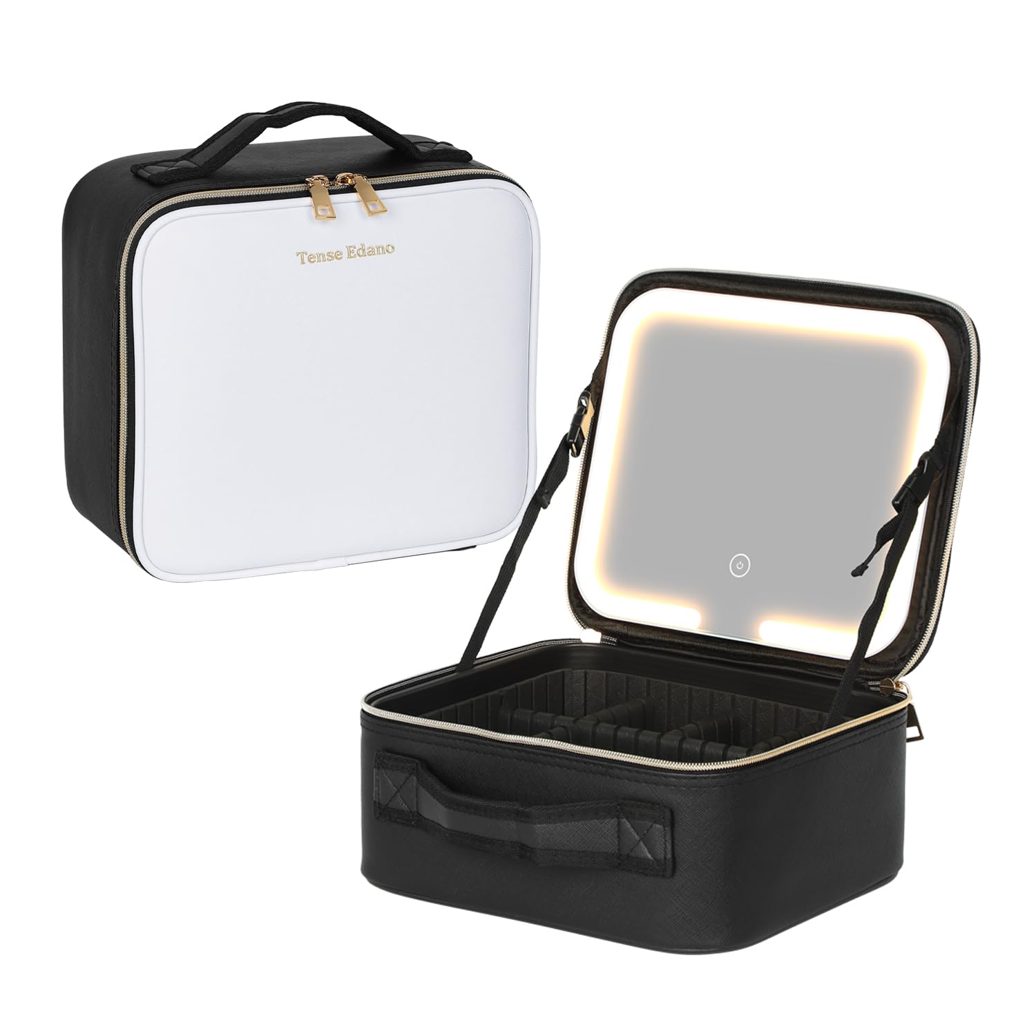 Tense Edano PU Leather Cosmetics Train Case with Removeable LED Lighted Mirror Rechargeable 3 Color Lights Adjustable Brightness Portable Makeup Artist Organizer with Adjustable Dividers（White）, White