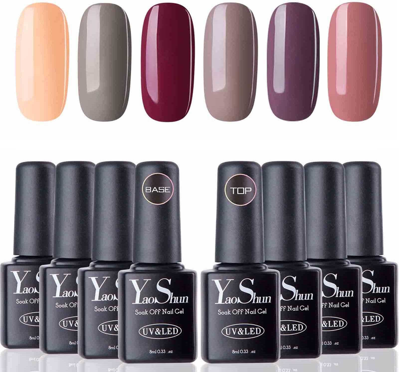 Y&S Soak Off Gel Nail Polish UV LED 6 Colours Gel Polish Set + Top Coat and Base Coat Nail Salon Manicure Art Starter Kit #003, 8ml