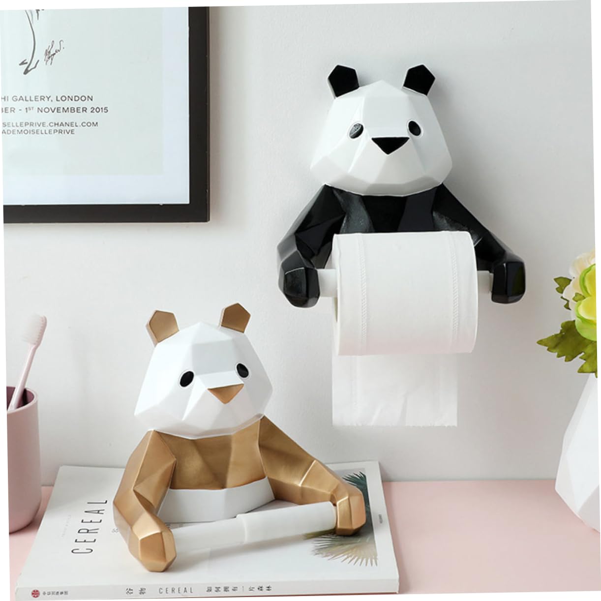 Gadpiparty Kreativer Panda Geformter Weißer Toilettenpapierhalter aus Kunstharz mit Einfacher Montage und Aufbewahrung für Badezimmer Wandmontage