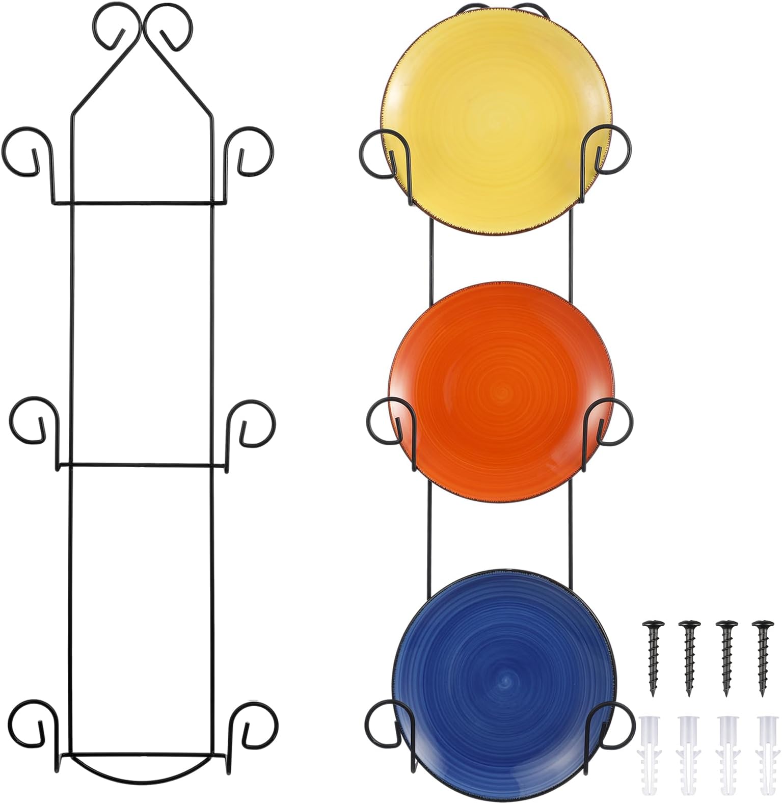 Menkxi 2 Pcs Plate Rack for Wall Vertical Vintage Wall Plate Holder Decorative for Display Hanger Brackets Mount Rack Arts with Screw and Nut Fittings for Display Dishes Picture Frame(3 Tier,Black)