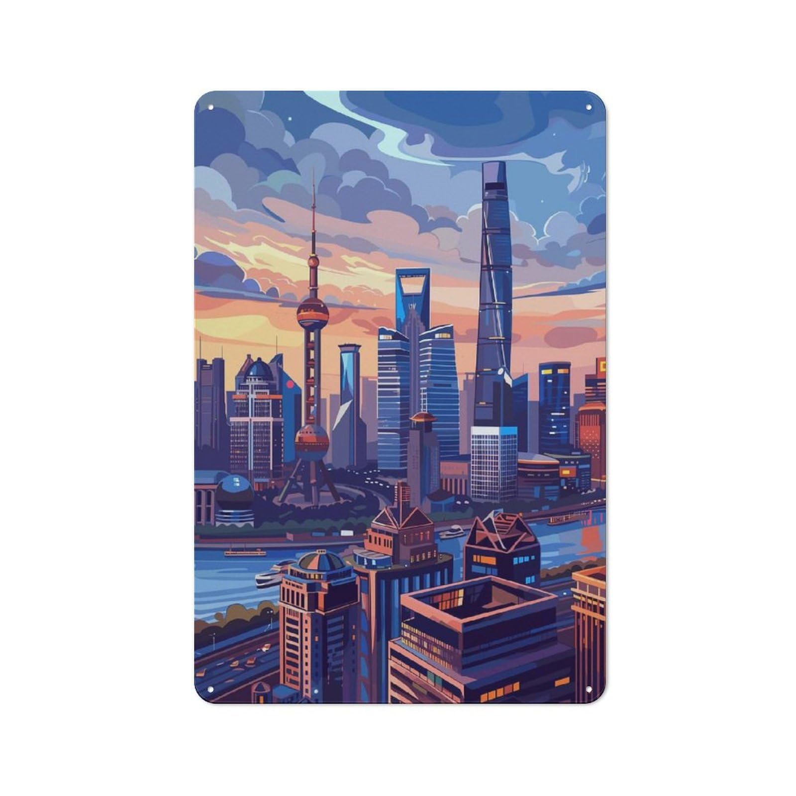 Shanghai Skyline Warehouse Style Metal Wall Decor 30x20cm, Industrial Metal Sign for Workspace, Cafe, Hallway Or Garage