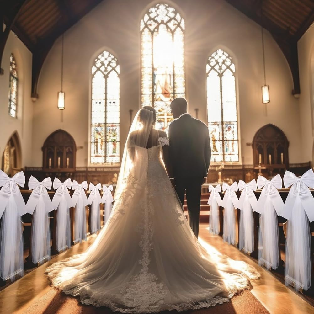 Weiß Satin Stuhlschleifen mit Tüllschwänzen Stuhlschärpe Hochzeitsschleifen Autoschleifen Schleife Stuhlbänder für Hochzeit Kirchenbänke Stuhl Auto Kirche Gang Deko 8 Stück
