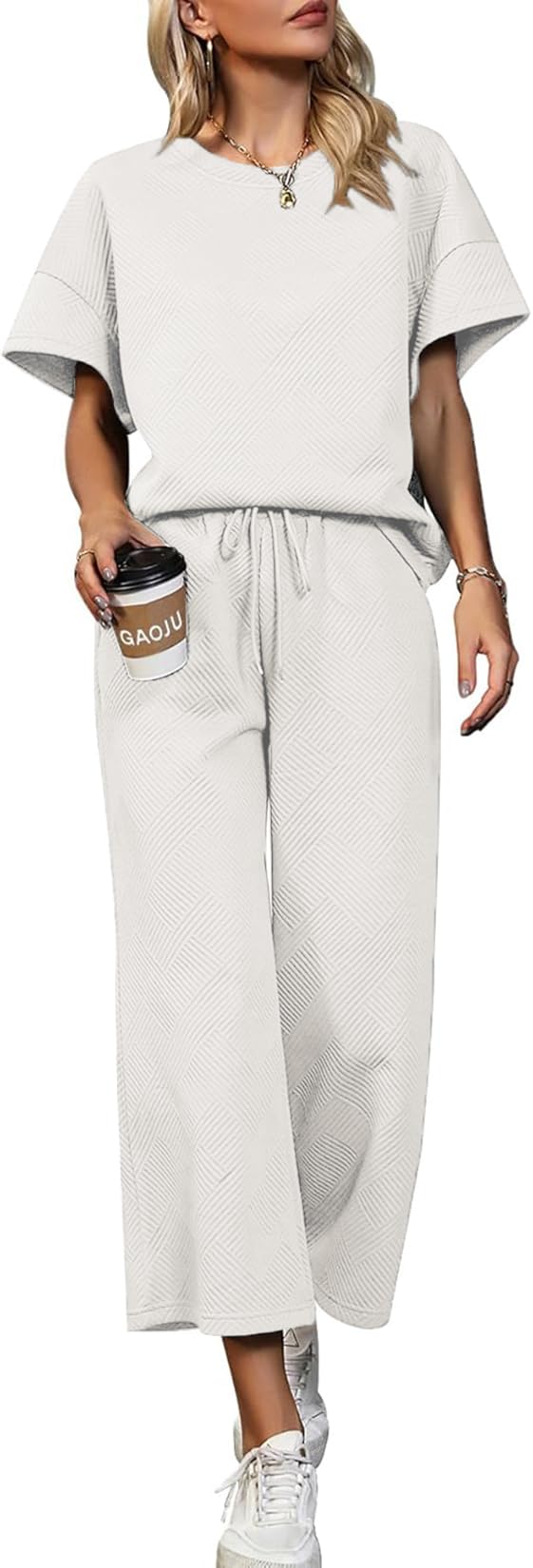 GAOJU Women's 2 Piece Outfits Textured Sweatsuit Short Sleeve Crew Neck Pullover Top Wide Leg Pant Tracksuit Set