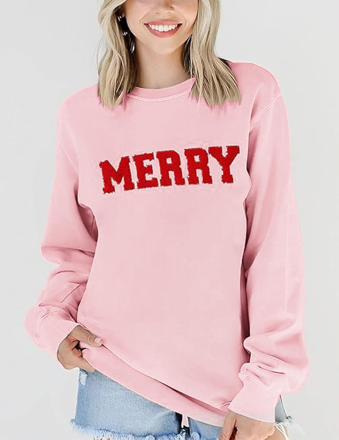 Gihuo Christmas Sweatshirts for Women Glitter Patch Merry Letter Shirts Chenille Oversized Pullover Tops - Image 3