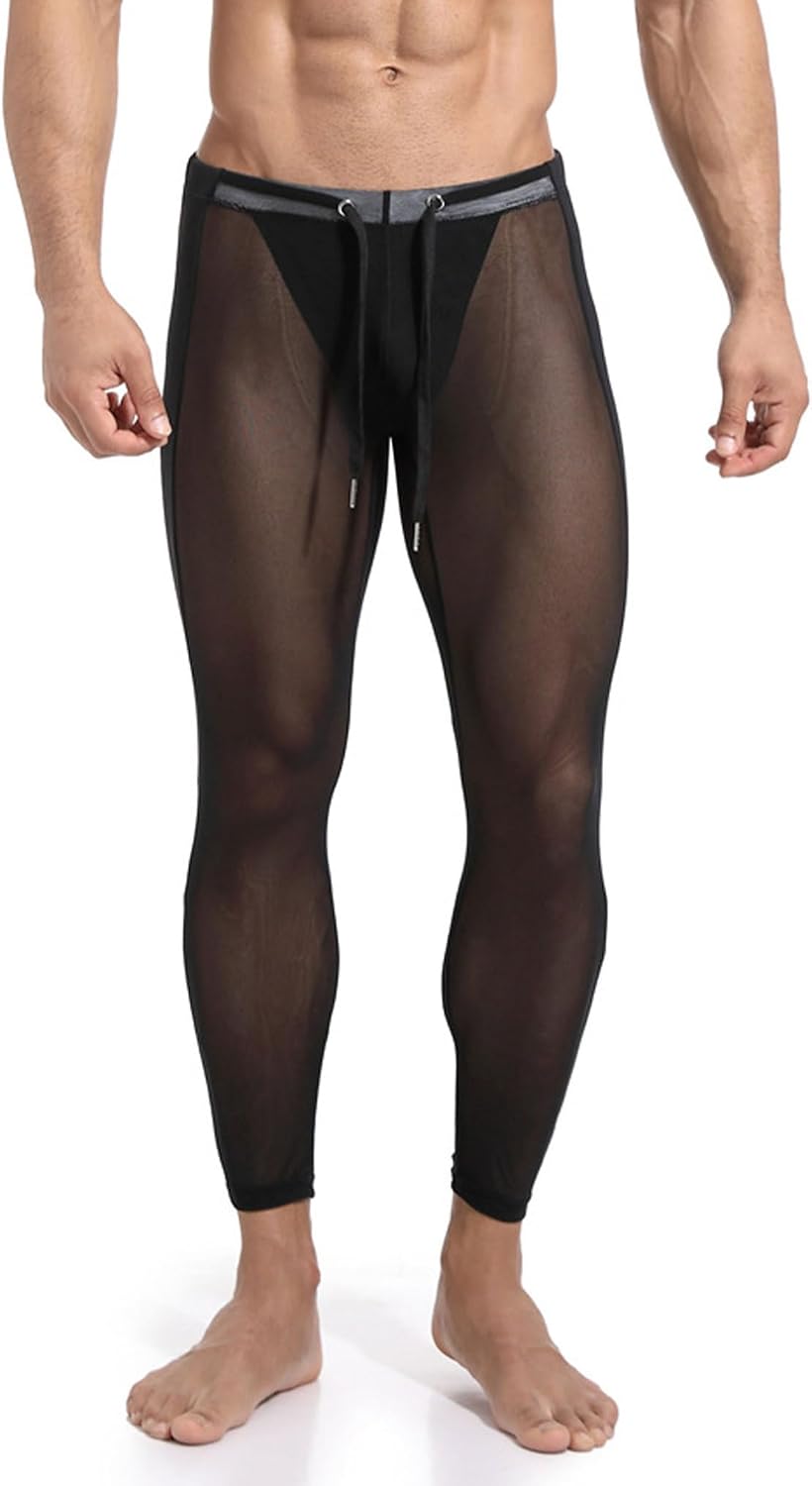 Freebily Men's See Through Mesh Sheer Stretchy Tights Leggings Drawstring Bottoms Compression Pants