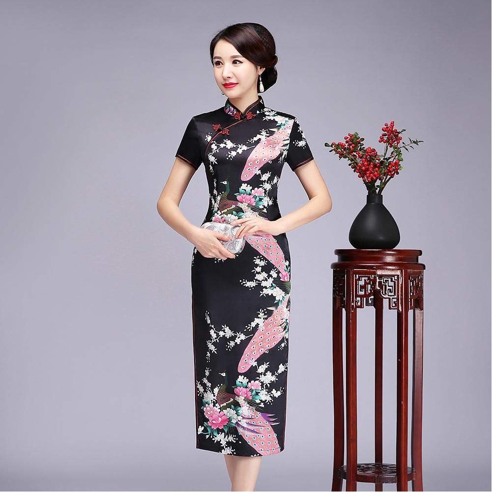 Floral & Peacock Chinoiserie Ladies Large Size Cheongsam S-6Xl Elegant 3/4 Sleeve High Qplit Cheongsam Printed Rayon Traditional Dress
