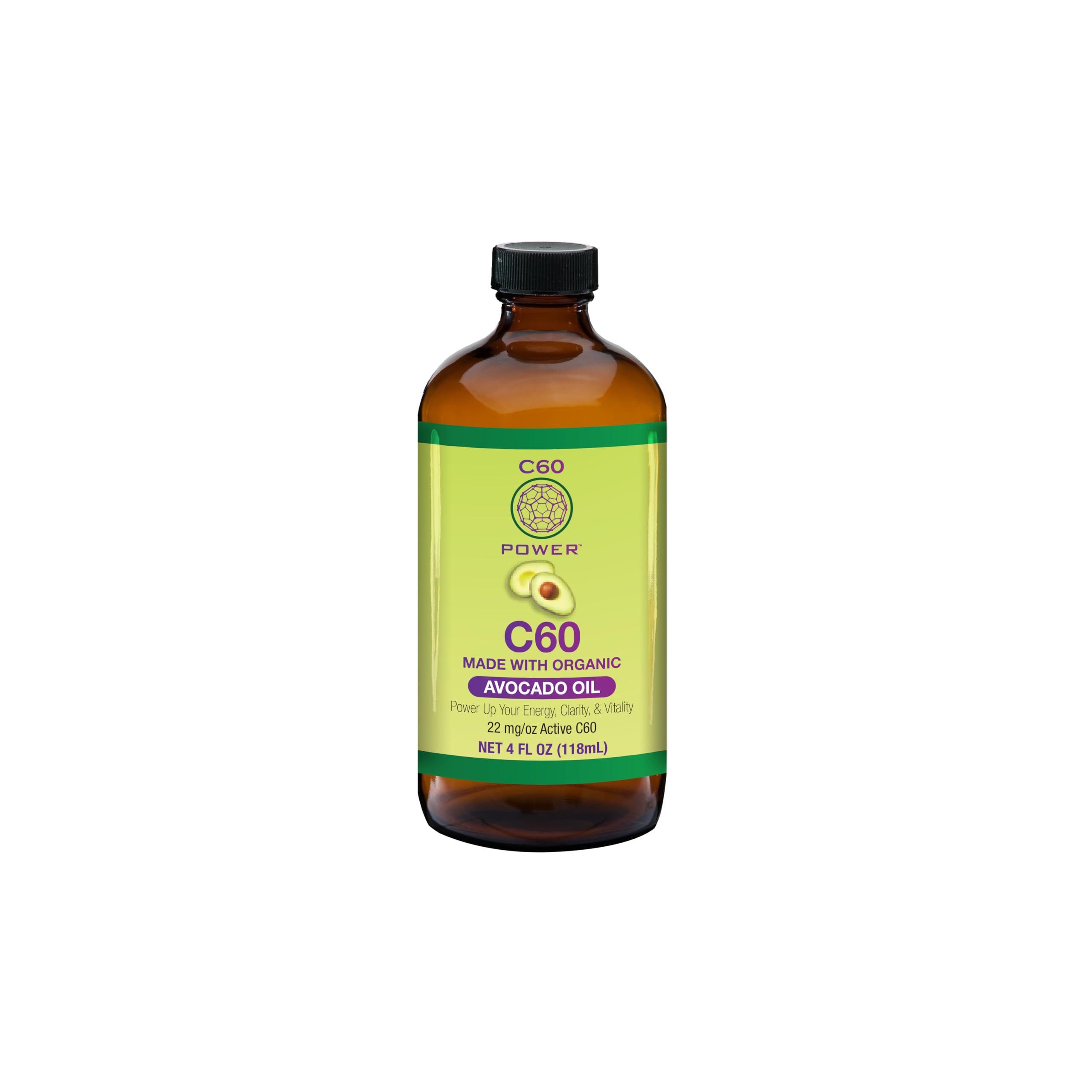 C60 Power C60 in Organic Avocado Oil - Natural Wellness Support for Men & Women, 99.99% Pure Carbon Fullerenes, Promotes Energy, Mental Clarity, & Stamina - 4 fl oz Bottle