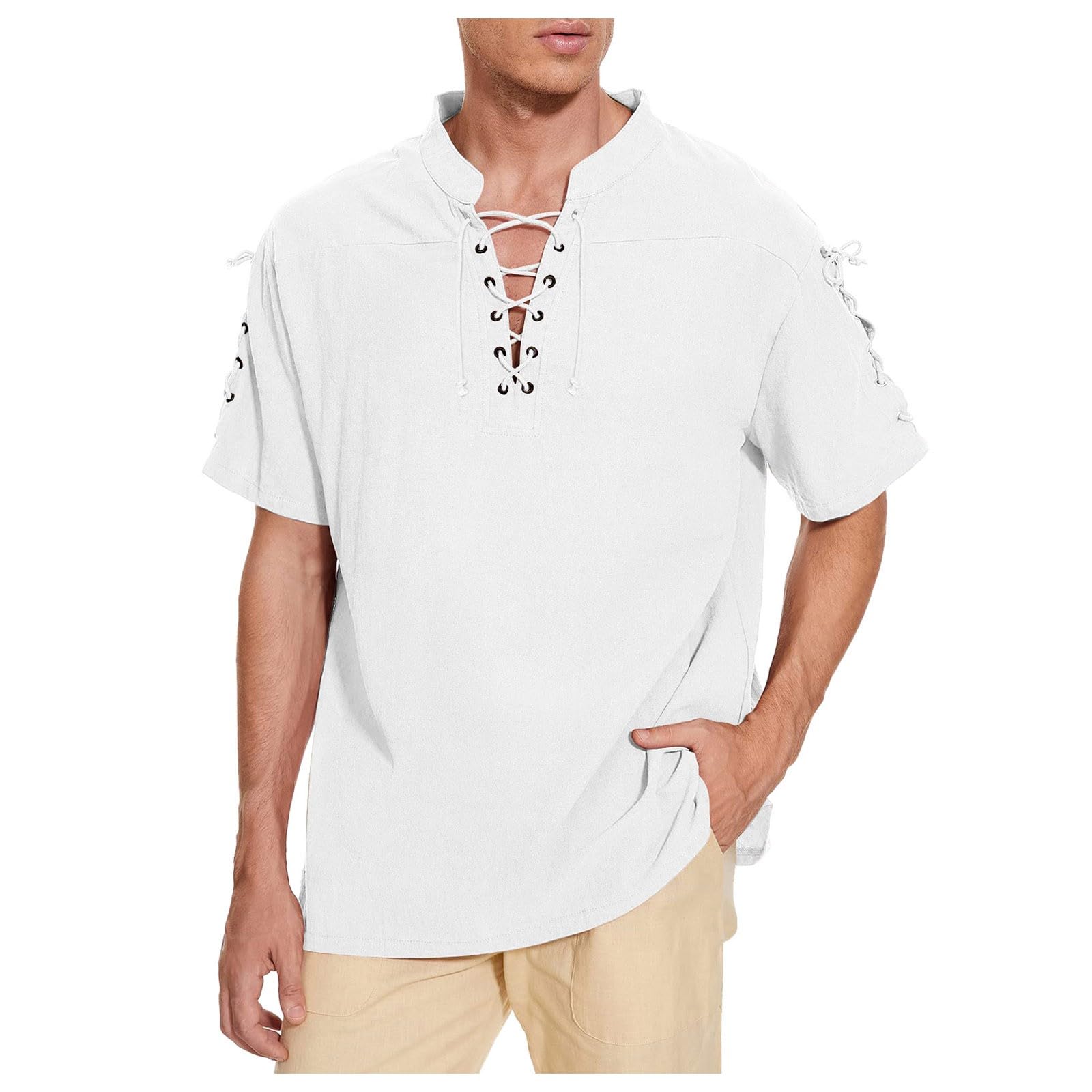 Men's Linen Top Short Sleeve Pirate Shirt with Intricate Lace Up Closure Authentic Medieval Viking Pirate Blouse Renaissance Gothic Steampunk Costume Halloween Festive Wear White