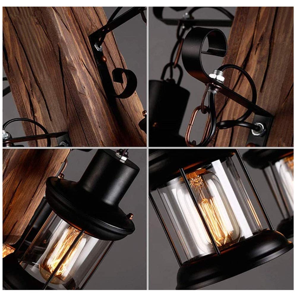 Vintage Pendellampe E27 Industrie Kronleuchter Retro Holz Pendelleuchte Antike Schwarz Eisen Glas Lampenschirm Höhenverstellbare Hängelampe Beleuchtung Loft Innen Esszimmer Wohnzimmer Deko Deckenlampe