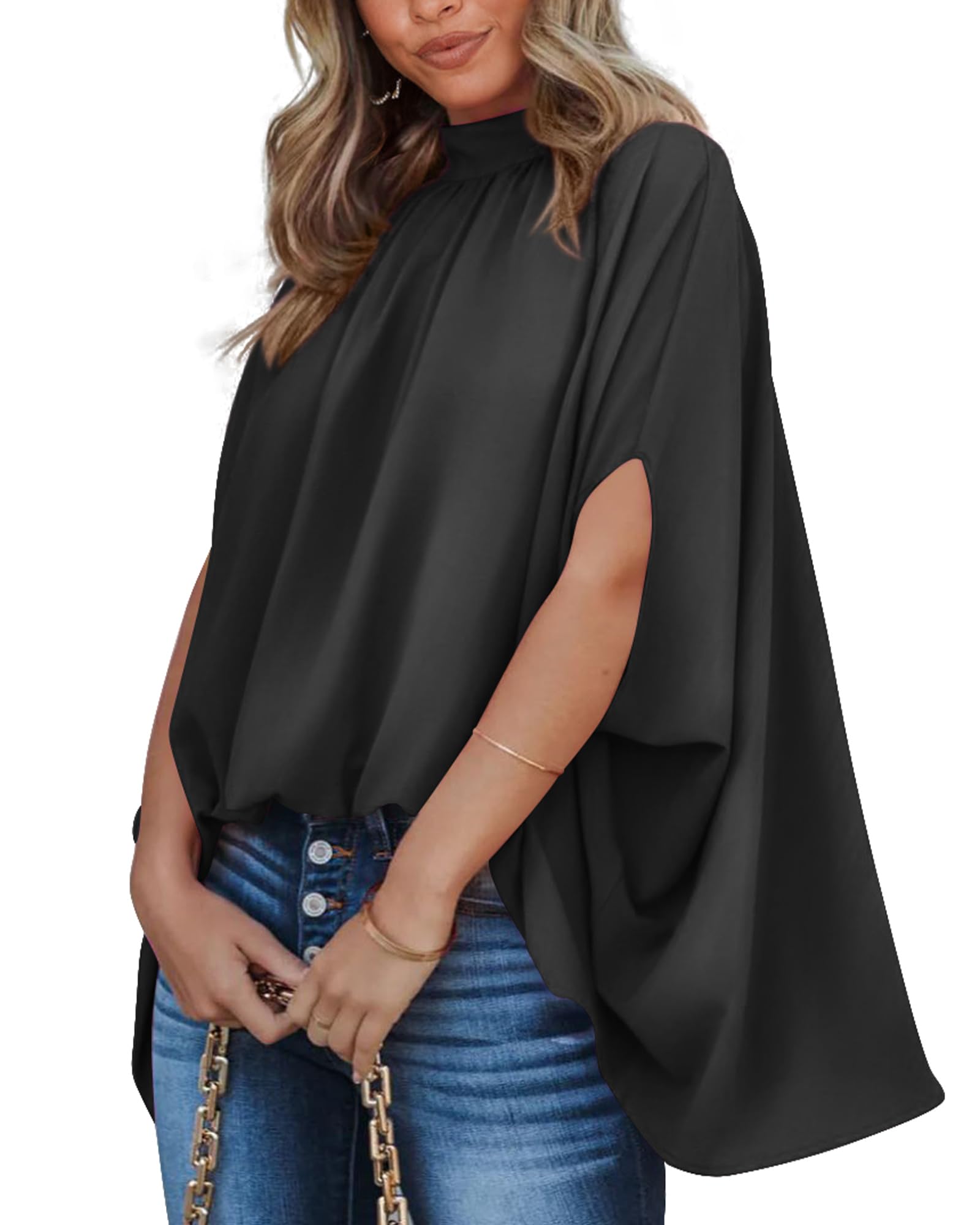BTFBM Women Mock Neck Batwing Short Sleeve Summer Tops 2024 Spring Loose High Low Hem Casual Oversize Blouses Shirts Top