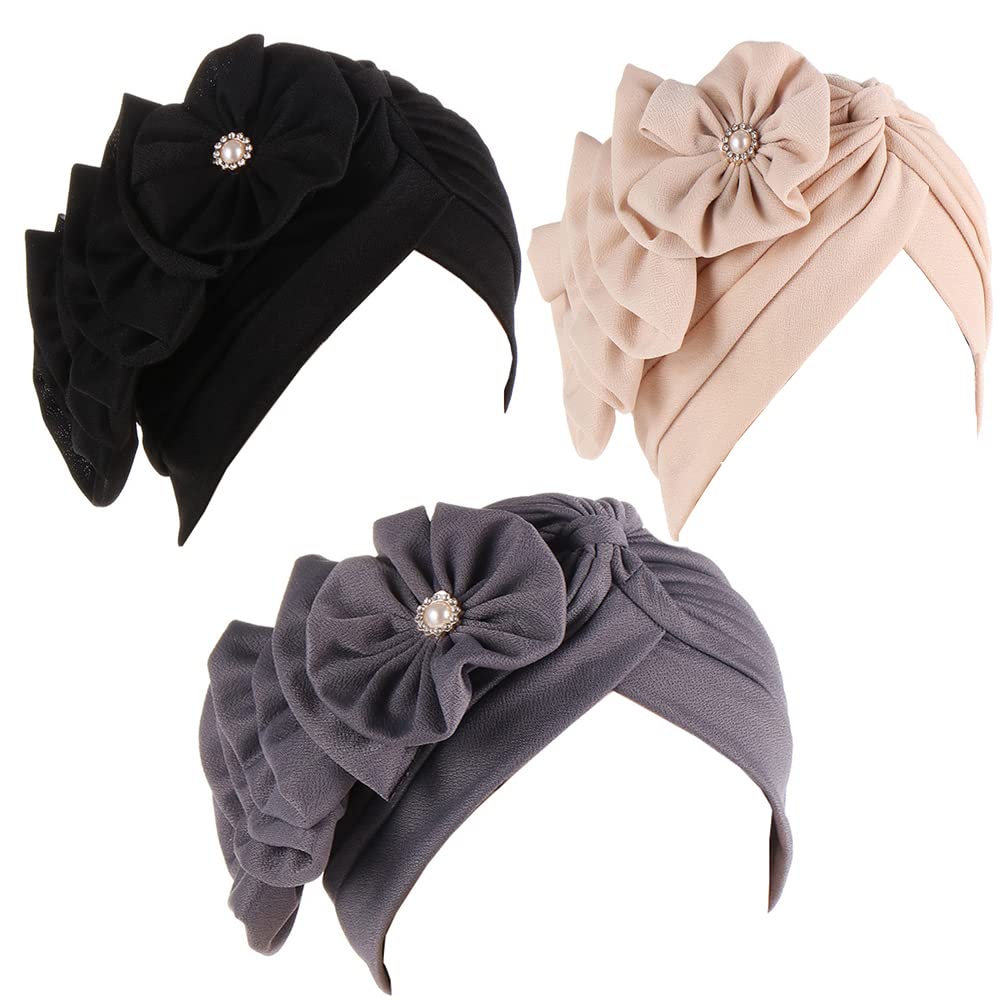 JDYaoYing 3Pieces Instant Turban Women Turban Caps with Flower Vintage Beanie Headscarf Elastic Headwrap Hat