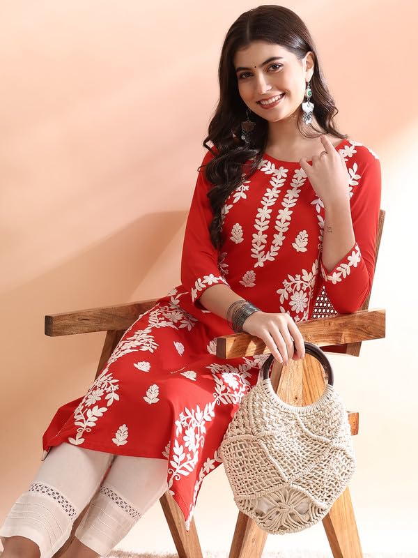 Image of Vaamsi Women's Viscose Rayon Solid Embroidered Straight Kurta | Chikankari Kurta for Women