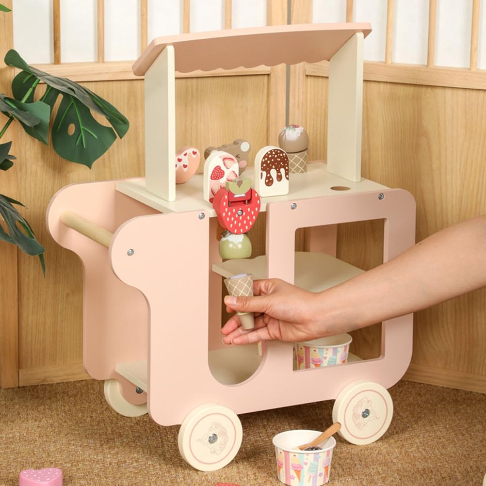 Set da Gioco Carretto di Gelato in Legno, Bancarella Finta di Dolci | Giocattolo camioncino dei gelati in legno mobile, carretto degli snack finto con lavagna