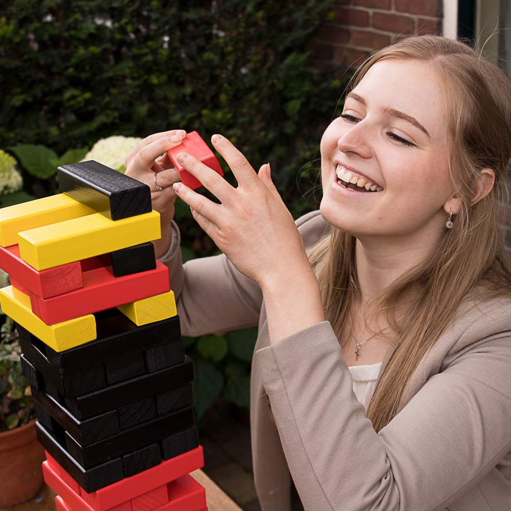 Wackelturm Mega XXL in 3 Farben - bis 80 cm hoch - in Einer Luxus Tragetasche - 2 bis 6 Spieler - Gelb Schwarz Rot - Reißverschluss - Outdoor Indoor Stapelturm Holz